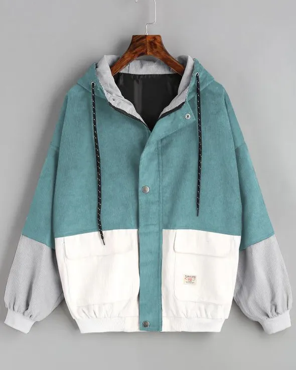 Korean version of college wind student BF loose color matching hooded baseball uniform corduroy tooling jacket female Gray - Shop at LoveMi