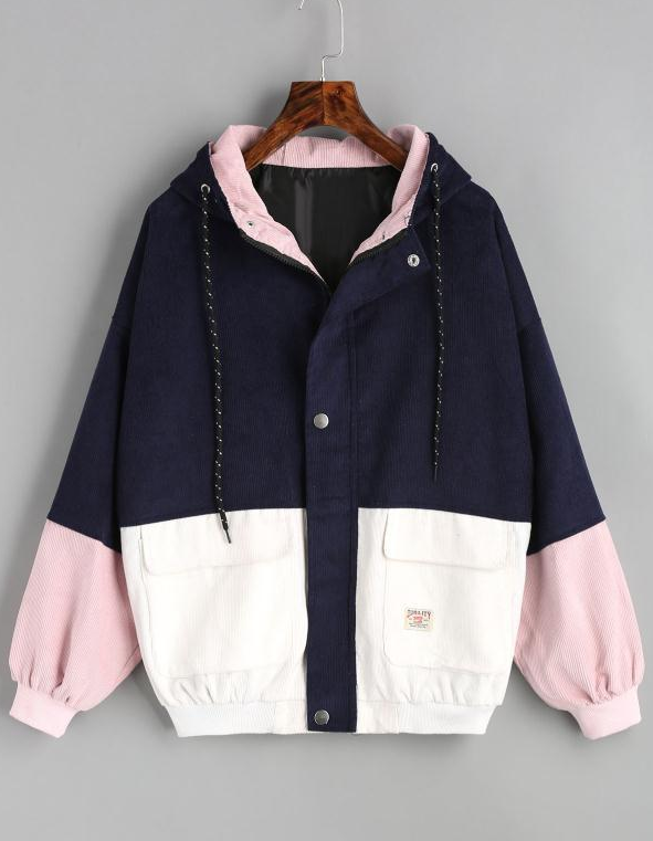 Korean version of college wind student BF loose color matching hooded baseball uniform corduroy tooling jacket female Navy - Shop at LoveMi