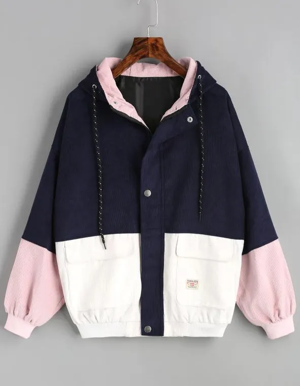 Korean version of college wind student BF loose color matching hooded baseball uniform corduroy tooling jacket female Navy Blue - Shop at LoveMi