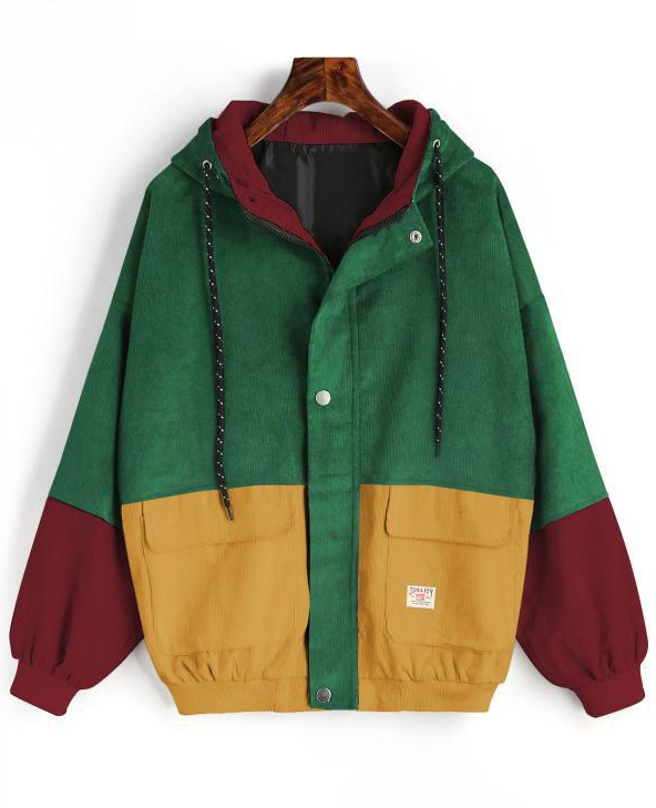 Korean version of college wind student BF loose color matching hooded baseball uniform corduroy tooling jacket female Wine - Shop at LoveMi