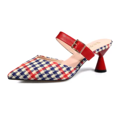 Spring and summer new Korean version of the plaid Baotou half slippers female pointed sandals and slippers high heeled thick with wild women's shoe... Red - Shop at LoveMi