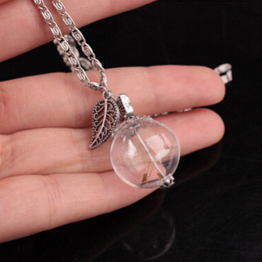 Glass cover dandelion seed leaf drift bottle pendant necklace