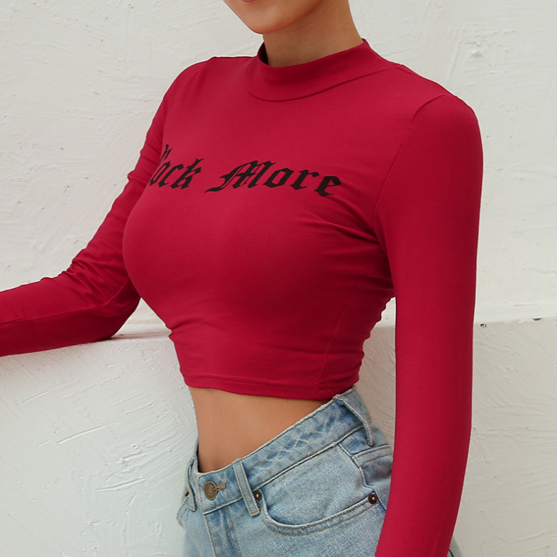 Sexy umbilical letter tight-fitting long-sleeved T-shirt