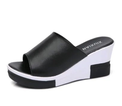 Summer new leather wedge women's sandals and slippers thick-soled sandals sandals women's beach shoes word cool drag women - Black