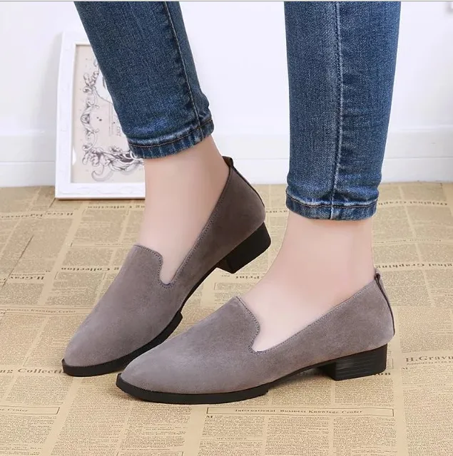 Suede round head single shoes low heel shallow mouth casual comfort single shoes - Gray