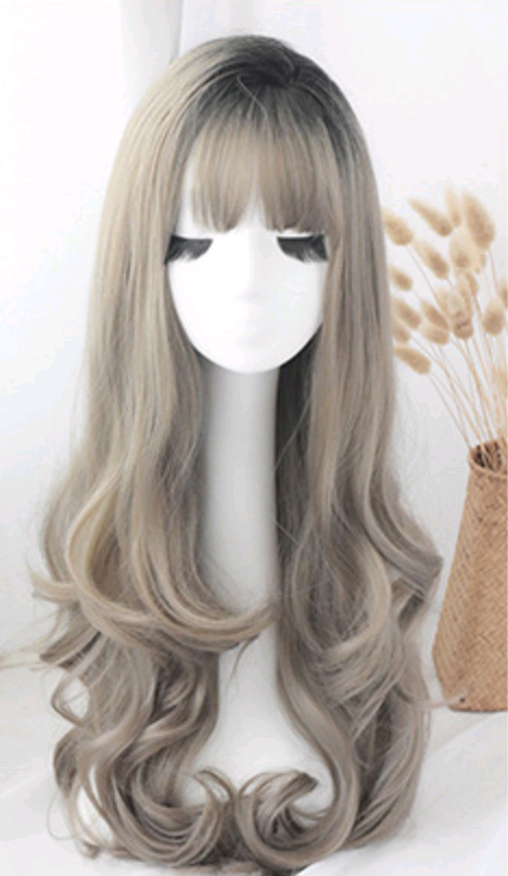 Fashion big wavy long curly pear flower air bangs chemical fiber wig headgear Linen Ash - Shop at LoveMi