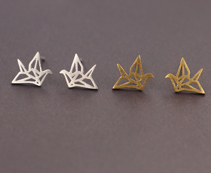S925 sterling silver brushed paper crane ear stud