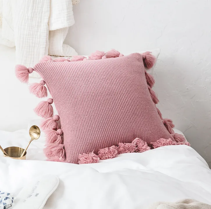 Bohemian Knitted Cushion Cover with Fringe - Pink