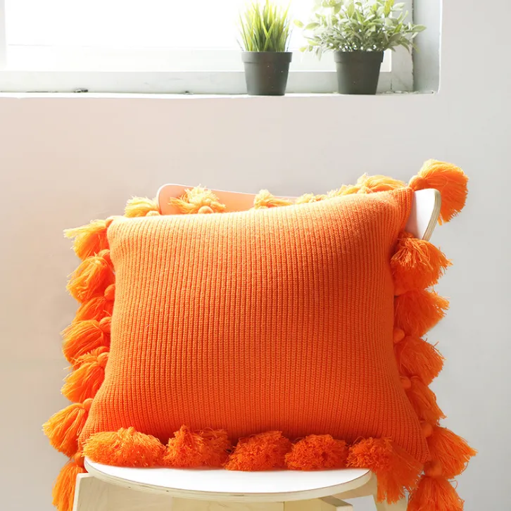 Bohemian Knitted Cushion Cover with Fringe - Orange