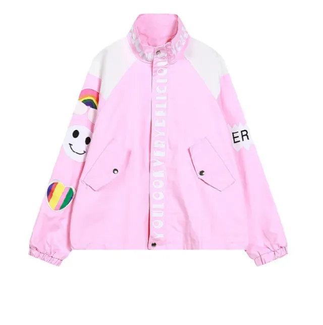 Spring New Harajuku Style Children's Rainbow Stand Collar Loose Baseball Uniform Jacket Jacket Female Pink - Shop at LoveMi