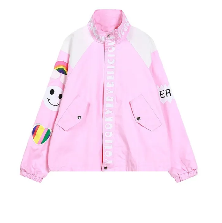 Spring New Harajuku Style Children's Rainbow Stand Collar Loose Baseball Uniform Jacket Jacket Female - Tan