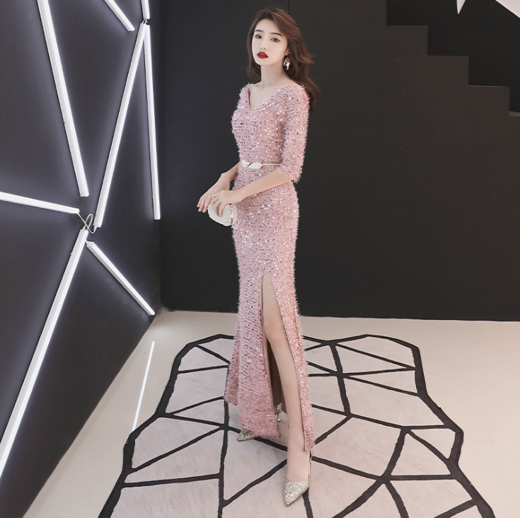 Long Slim High-cut Sequined Seminary Elegant Party Dress Annual Meeting Hosted Evening Dress