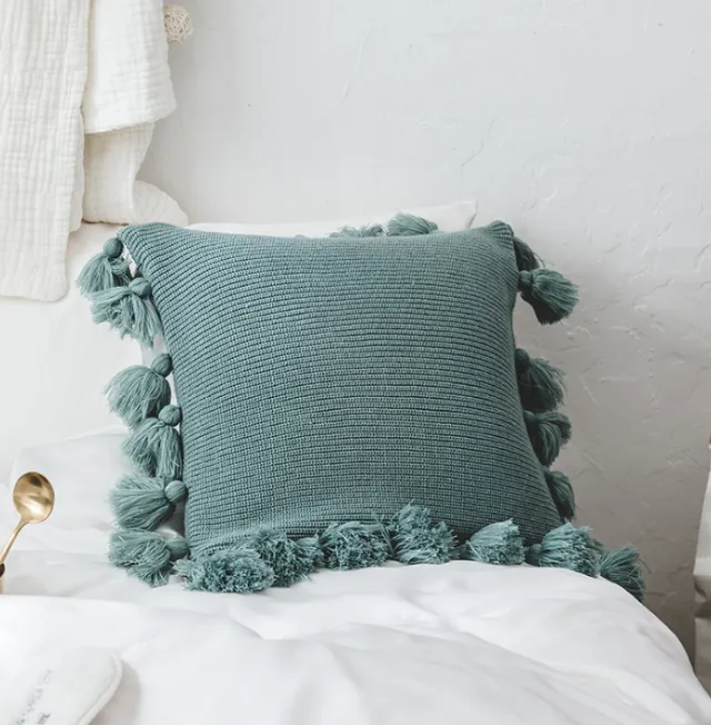 Bohemian Knitted Cushion Cover with Fringe Green - Shop at LoveMi