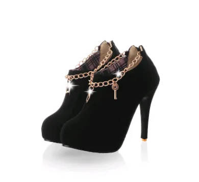 Elegant waterproof platform metal chain ring neck high heel and ankle boots women's boots Black - Shop at LoveMi