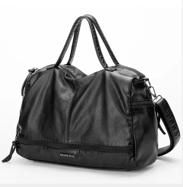 Autumn and winter new Messenger bag washed leather large capacity motorcycle bag handbags shoulder bag ladies big bag Black - Shop at LoveMi