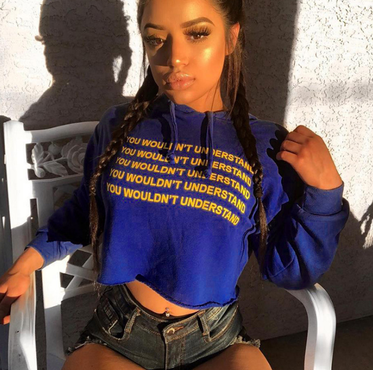 Autumn and winter new women's hooded long-sleeved letter print navel sweater