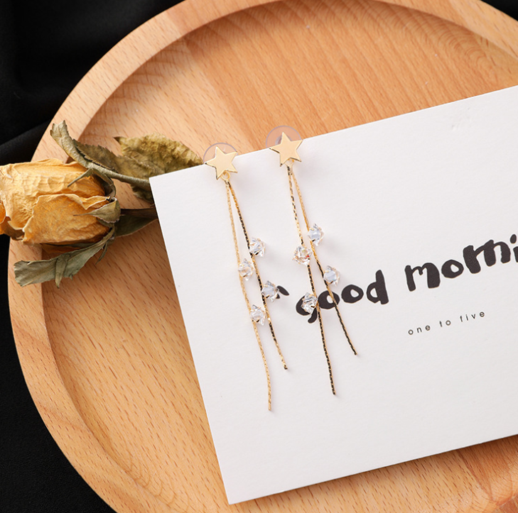 Korean fashion five-pointed star tassel earrings stars earrings net red temperament sweet rhinestone zircon long earrings