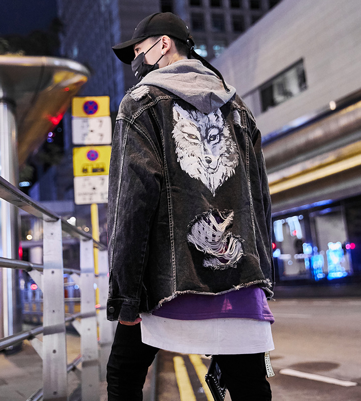 Europe and the United States original coat denim jacket cardigan loose wolf dog print hole hooded
