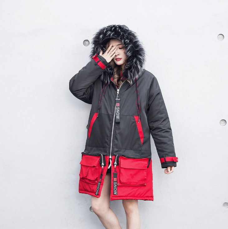 Men's long section large cotton coat tide brand black red color matching down jacket lovers big size coat