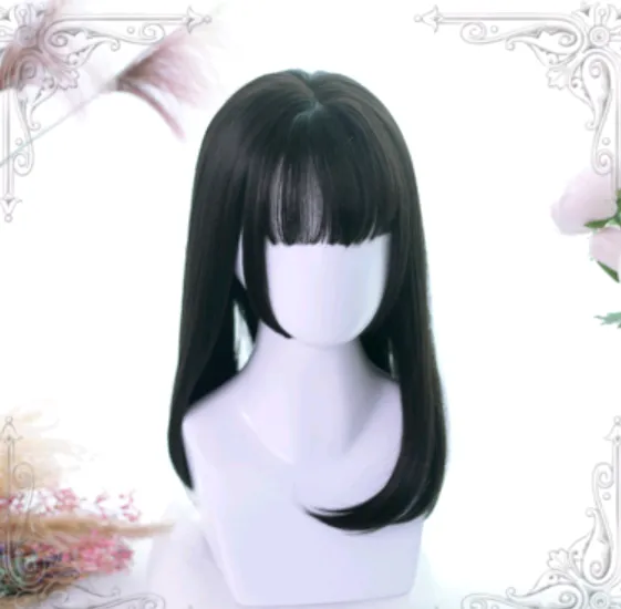 Lolita Wig Ji Fazhong Long Straight Wig Air Bangs Simulation Big Scalp Ji Fa Natural Black - Shop at LoveMi