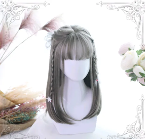 Lolita Wig Ji Fazhong Long Straight Wig Air Bangs Simulation Big Scalp Greenwood Linen - Shop at LoveMi