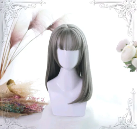 Lolita Wig Ji Fazhong Long Straight Wig Air Bangs Simulation Big Scalp Jifa Greenwood Flax - Shop at LoveMi