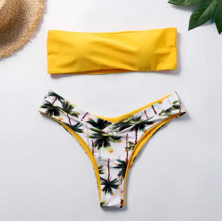 Coconut tree printing new bikini bow European and American split swimsuit
