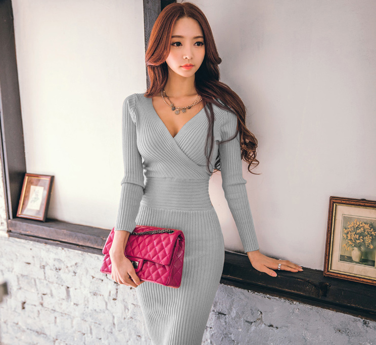 Slim-fit slim elastic tight-fitting hips with a sweater knit dress