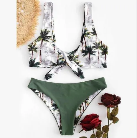 Coconut tree printing new bikini bow European and American split swimsuit Green - Shop at LoveMi