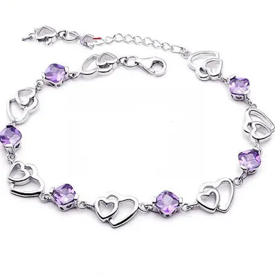 S925 Sterling Silver Bracelet Double Heart Amethyst