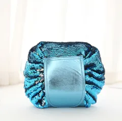 Mermaid Sequins design Cosmetic Bag Drawstring Makeup Case Women Travel Make Up Organizer Storage Pouch Toiletry Wash Kit - Blue Powder - View 1