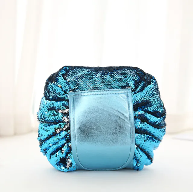 Mermaid Sequins design Cosmetic Bag Drawstring Makeup Case Women Travel Make Up Organizer Storage Pouch Toiletry Wash Kit Blue Powder - Shop at LoveMi