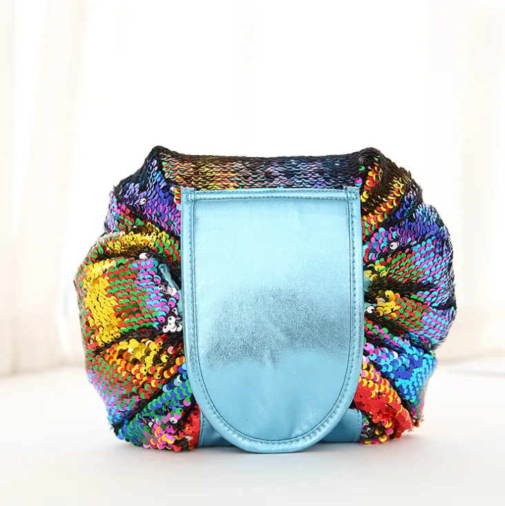 Mermaid Sequins design Cosmetic Bag Drawstring Makeup Case Women Travel Make Up Organizer Storage Pouch Toiletry Wash Kit - Silver Color