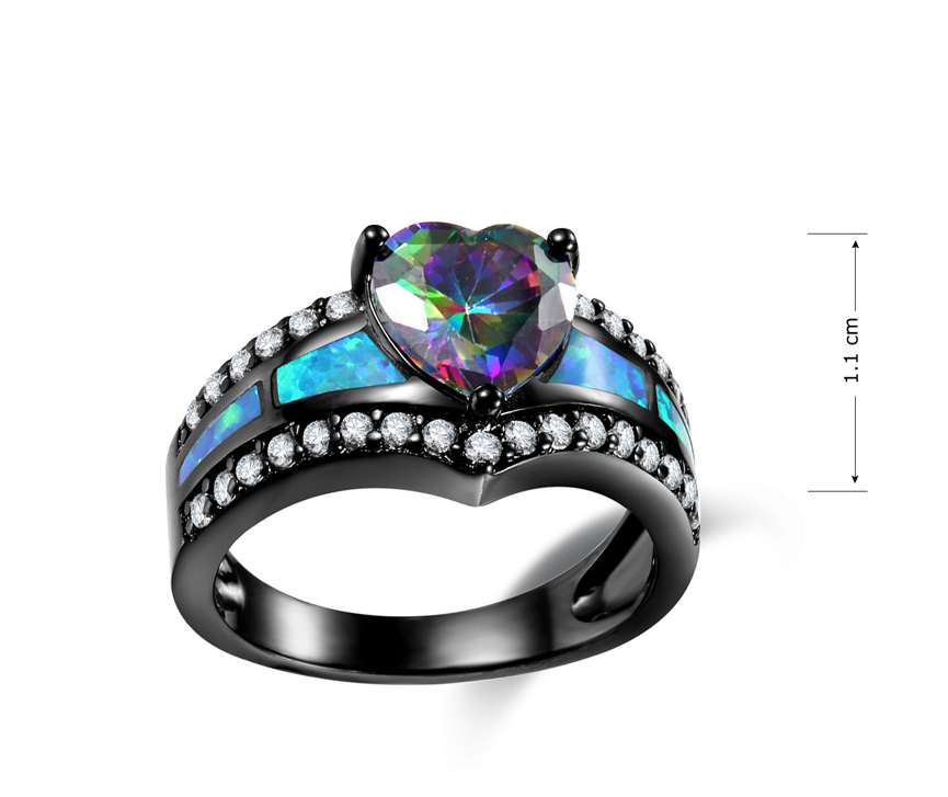 Colorful zircon heart ring female European and American blue fire ring