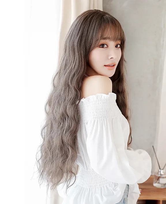 Wig female long curly hair big wave Korean hair fashion jiafa corn hot chemical fiber wig headgear Maroon - Shop at LoveMi