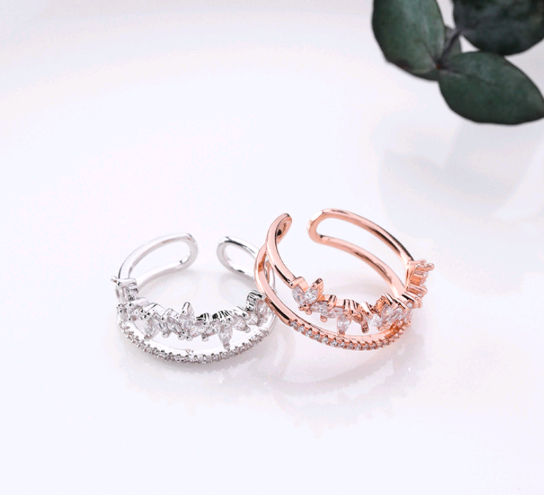 Micro-inlaid zircon leaf double-layer ring female personality full drill broken diamond drop superimposed ring