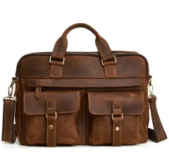 Genuine men''s bags retro men''s business bags briefcase cowhide oblique Bag 15.6 inch Laptop Bag - Brown - View 1