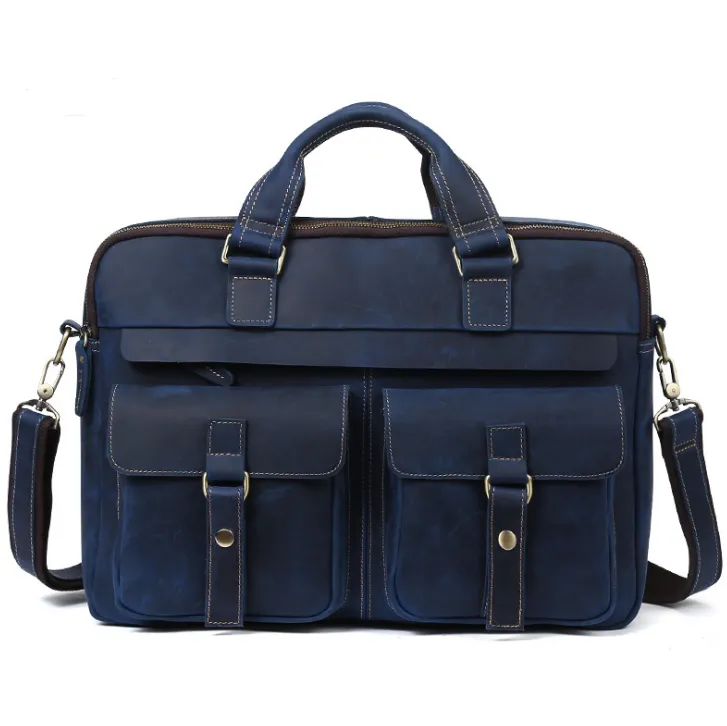 Genuine men''s bags retro men''s business bags briefcase cowhide oblique Bag 15.6 inch Laptop Bag - Blue