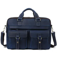 Genuine men''s bags retro men''s business bags briefcase cowhide oblique Bag 15.6 inch Laptop Bag - Blue - View 1