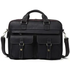 Genuine men''s bags retro men''s business bags briefcase cowhide oblique Bag 15.6 inch Laptop Bag - Black - View 1
