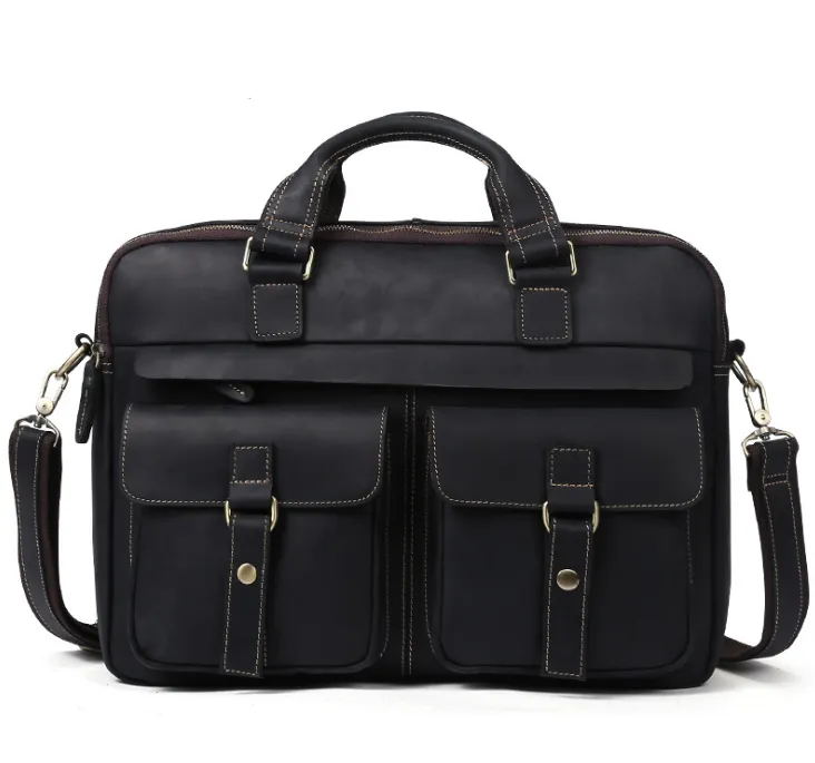 Genuine men''s bags retro men''s business bags briefcase cowhide oblique Bag 15.6 inch Laptop Bag - Black
