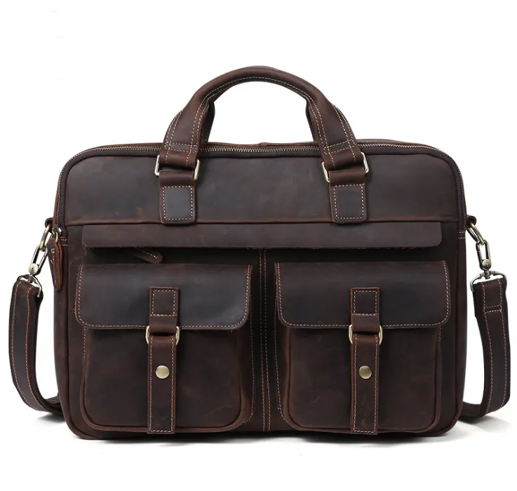 Genuine men''s bags retro men''s business bags briefcase cowhide oblique Bag 15.6 inch Laptop Bag - Coffee