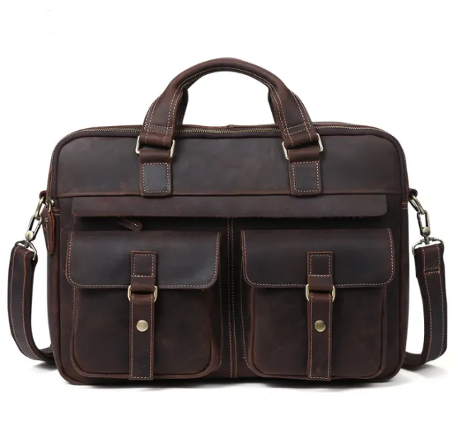 Genuine men''s bags retro men''s business bags briefcase cowhide oblique Bag 15.6 inch Laptop Bag Coffee - Shop at LoveMi