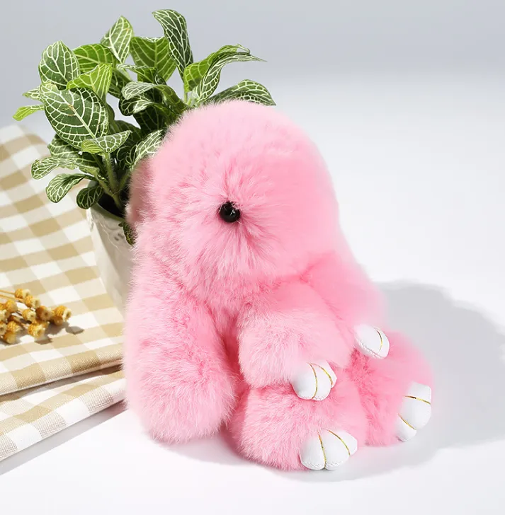 15cm Cute Pluff Bunny Keychain Rex Genuine Rabbit Fur Key Chains For Women Bag Toys Doll Fluffy Pom Pom Lovely Pompom Keyring - Pink