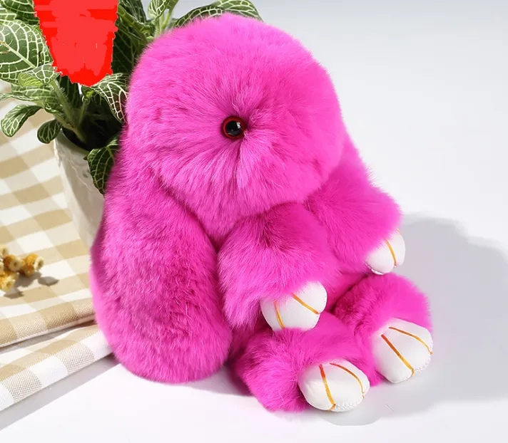 15cm Cute Pluff Bunny Keychain Rex Genuine Rabbit Fur Key Chains For Women Bag Toys Doll Fluffy Pom Pom Lovely Pompom Keyring - Rose Red