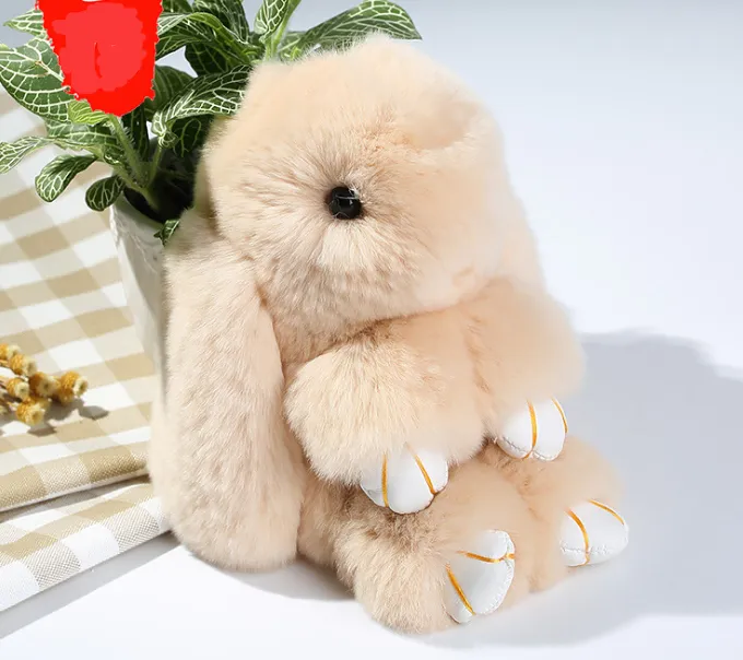 15cm Cute Pluff Bunny Keychain Rex Genuine Rabbit Fur Key Chains For Women Bag Toys Doll Fluffy Pom Pom Lovely Pompom Keyring - Dark Beige