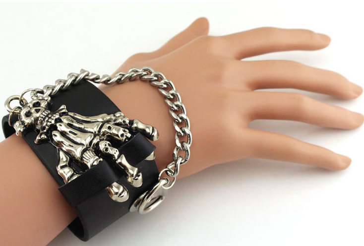 Aroncent 3pcs Spike Studded Rivet Punk Rock Biker Wide Strap Leather Bracelet Chain Wristband Adjustable