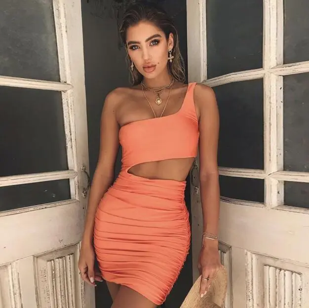 Slim One shoulder Short Dress Sexy Fashion Hollow Mini Dresses For Women Orange - Shop at LoveMi