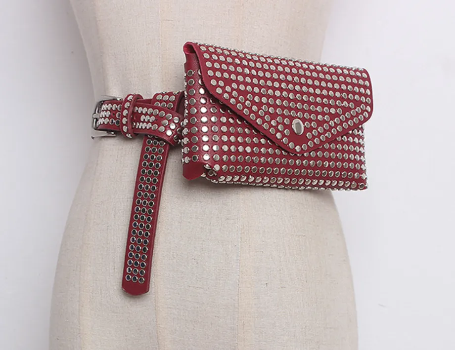 Punk Wind Rivet Bag Belt Bag Mobile Phone Shopping Guide Bag Lady Belt Decorative Bag - Red