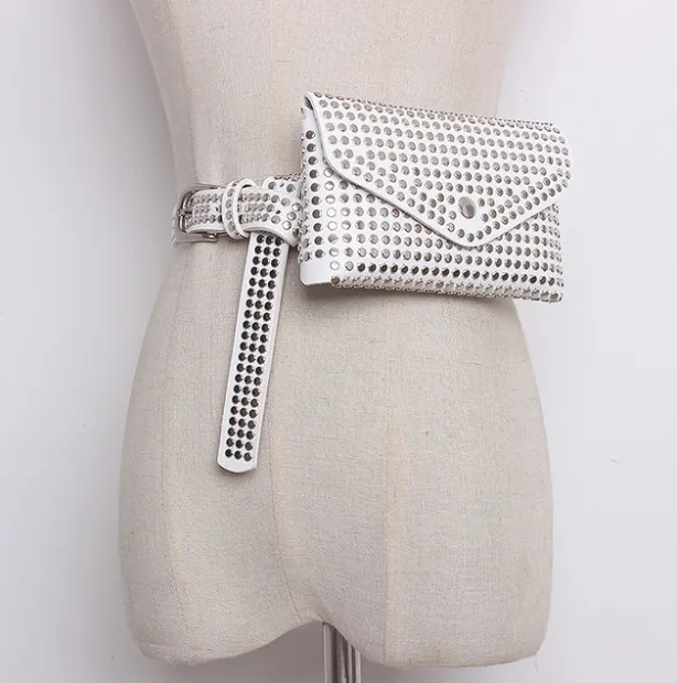 Punk Wind Rivet Bag Belt Bag Mobile Phone Shopping Guide Bag Lady Belt Decorative Bag - White
